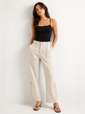 100% Linen Roll Tab Pants Beige Wide Leg Crop Convertible Size 34 (W 33” x L30”)